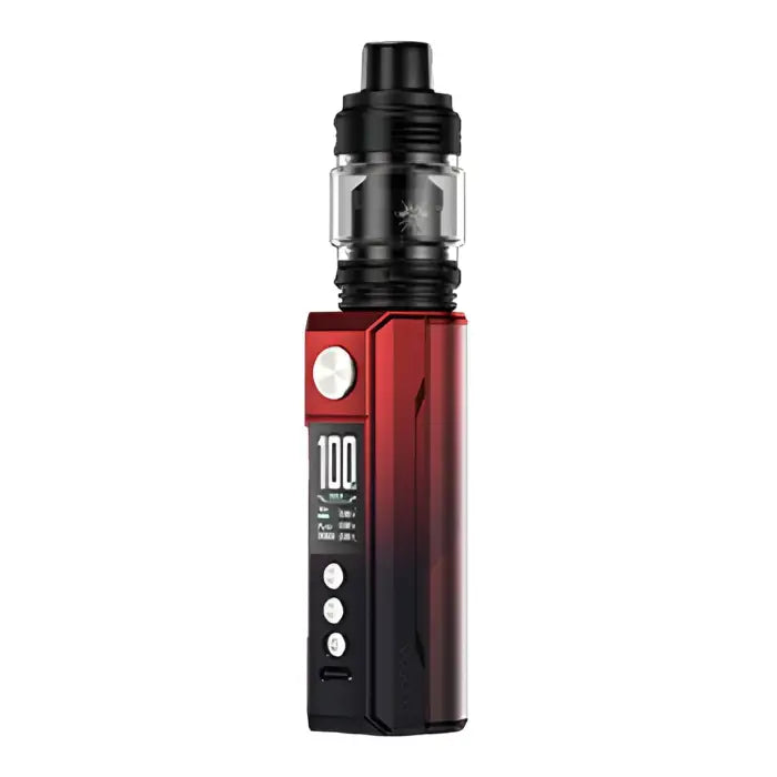 Electronic vaping device with a red and black gradient body and a digital display.