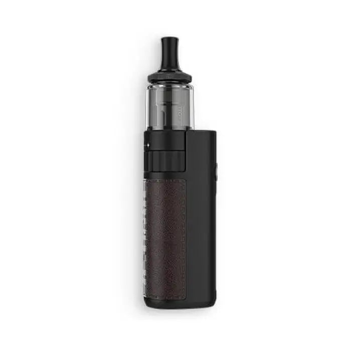 Electronic cigarette or vaping device with a cylindrical body and transparent tank section.