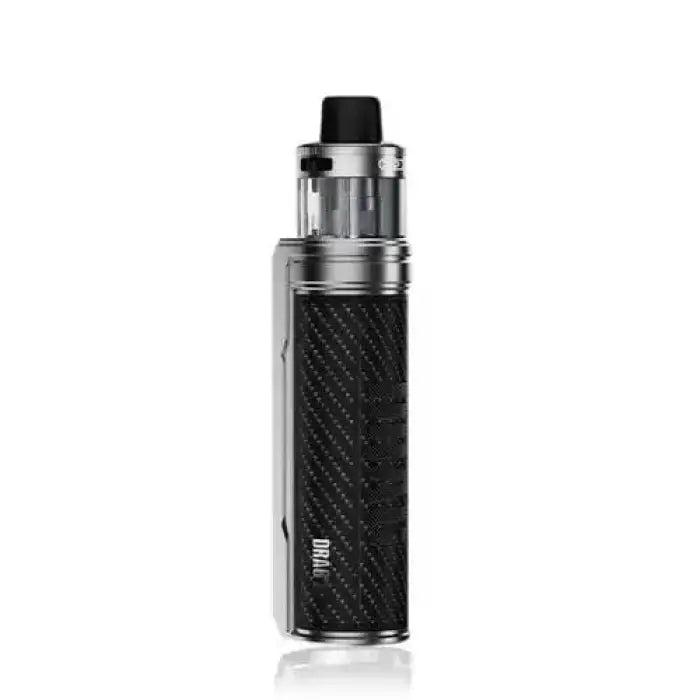 Electronic cigarette or vaping device with a black textured body and silver metallic components.