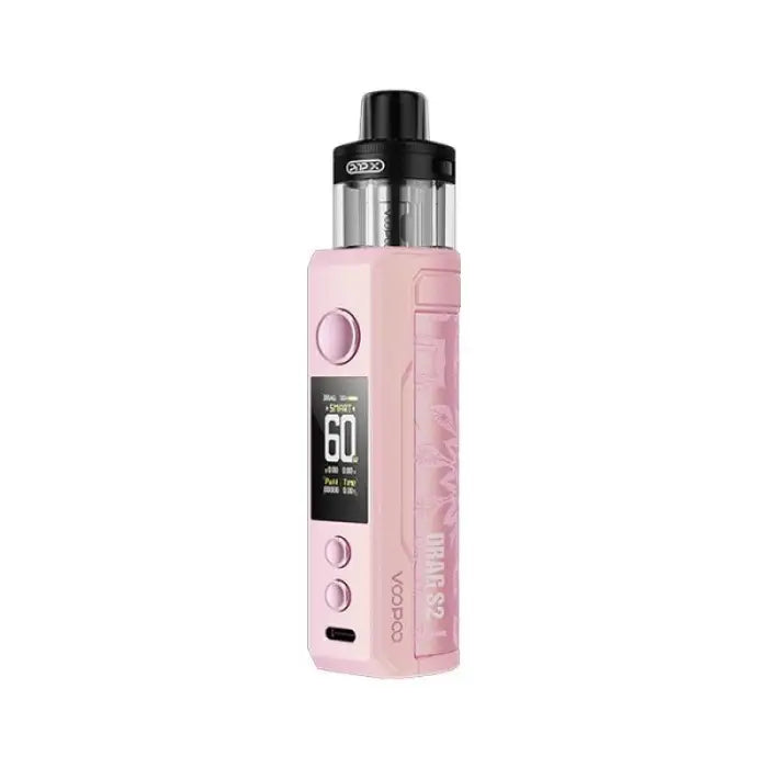 Pink electronic vaping device with a digital display and adjustable settings.