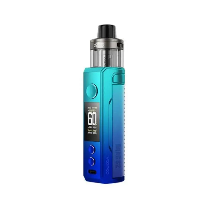 Electronic vaping device with a gradient turquoise to blue color and a digital display.