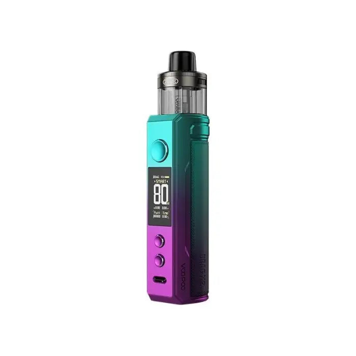 Colorful electronic vaping device with a digital display and tank attachment.