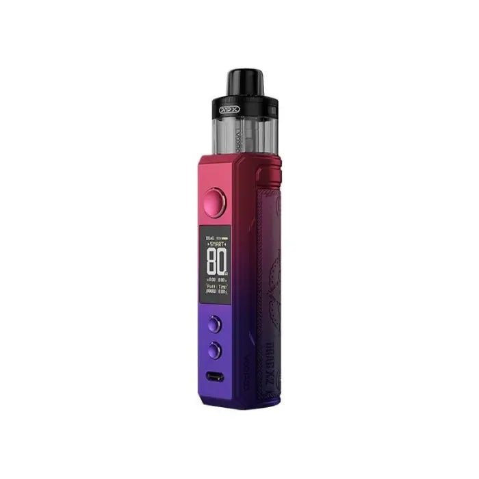 Electronic vaping device with a gradient color scheme from pink to purple.