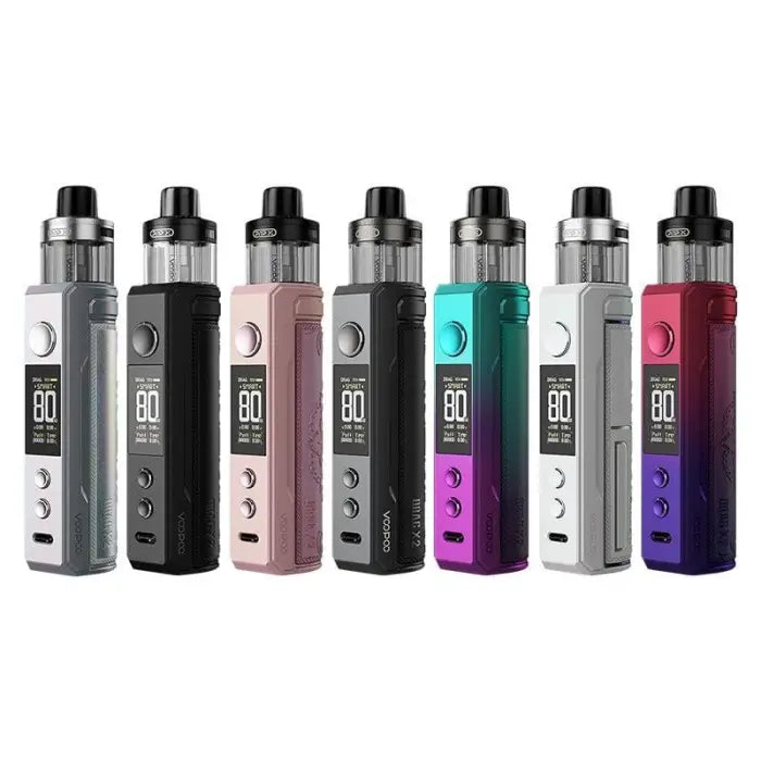 Electronic vaping devices or e-cigarettes in various colors and designs.