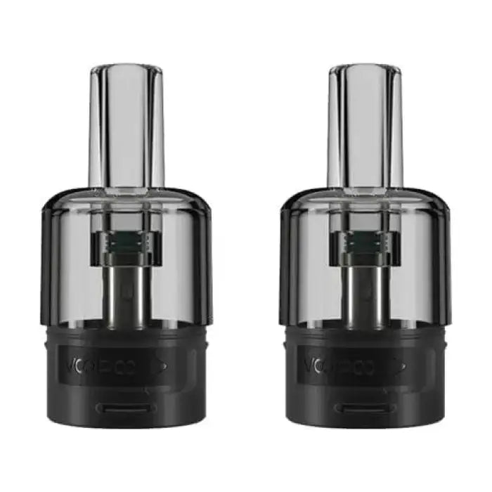 Two identical vape cartridges or pods with clear upper chambers and black bases.