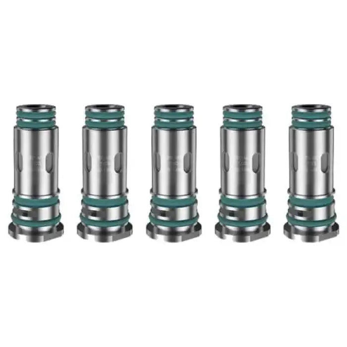 Five identical metal and green cylindrical vaping coils or atomizer heads lined up in a row.