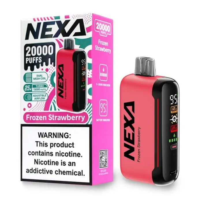 Disposable electronic cigarette device in pink with ’NEXA’ branding and its packaging.