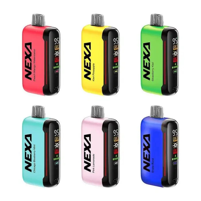 Colorful electronic vaping devices or pod systems in six different vibrant hues.