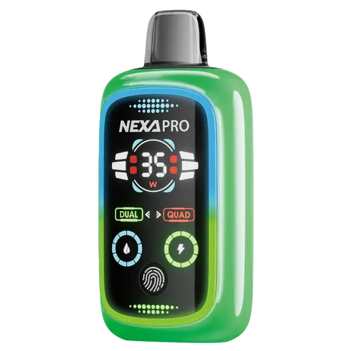 Green electronic device with a digital display showing ’NEXAPRO’ and various controls.