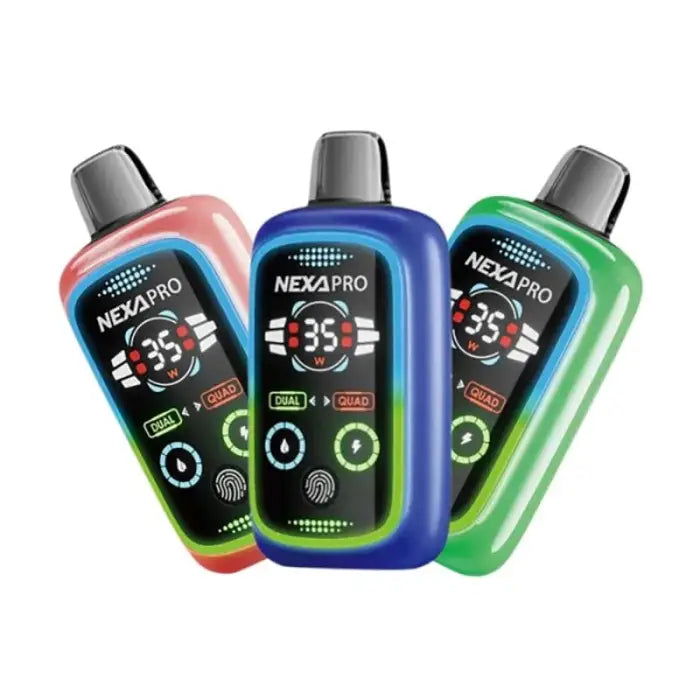 Three colorful electronic vaping devices with digital displays.