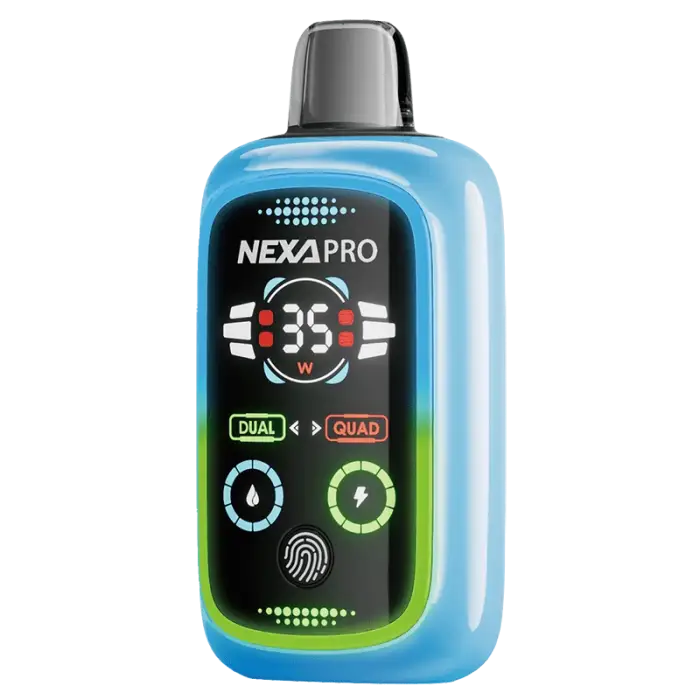 Blue and black electronic device with a digital display showing ’NEXAPRO’ and various controls.