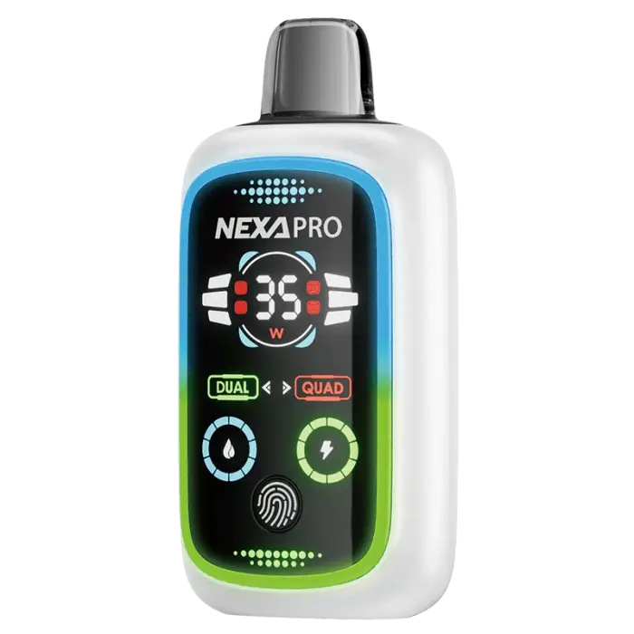 Electronic device with a colorful display showing ’NEXAPRO’ and various icons.