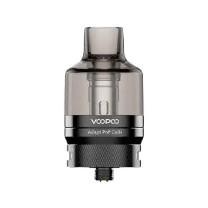 Metallic vaping tank or atomizer with a clear top section and ’VOOPOO’ branding.