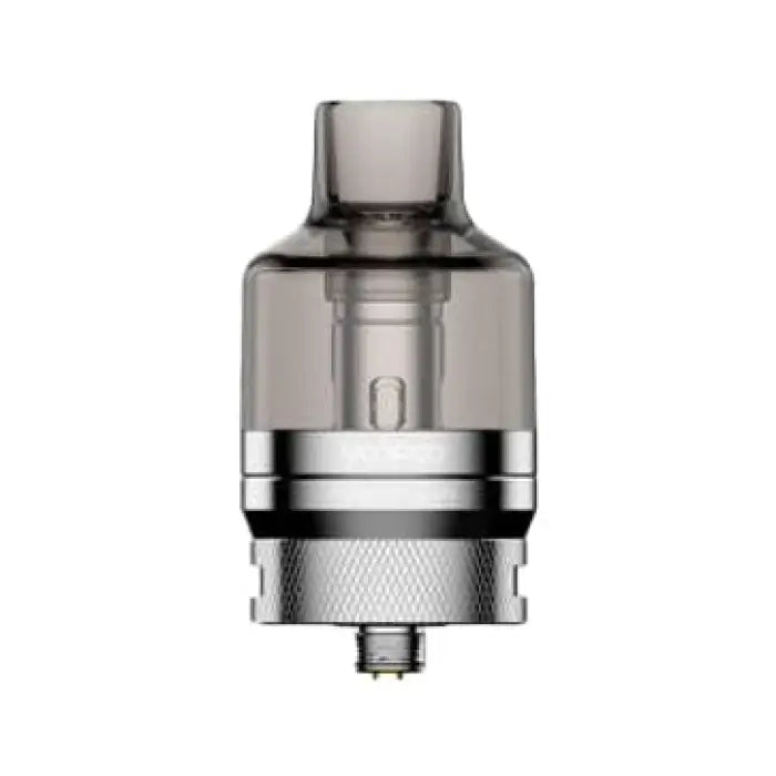 Vaping tank or atomizer with a transparent upper section and metal base.