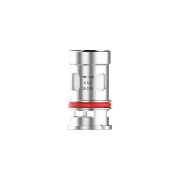 Cylindrical metal vaping coil or atomizer with a red O-ring seal.