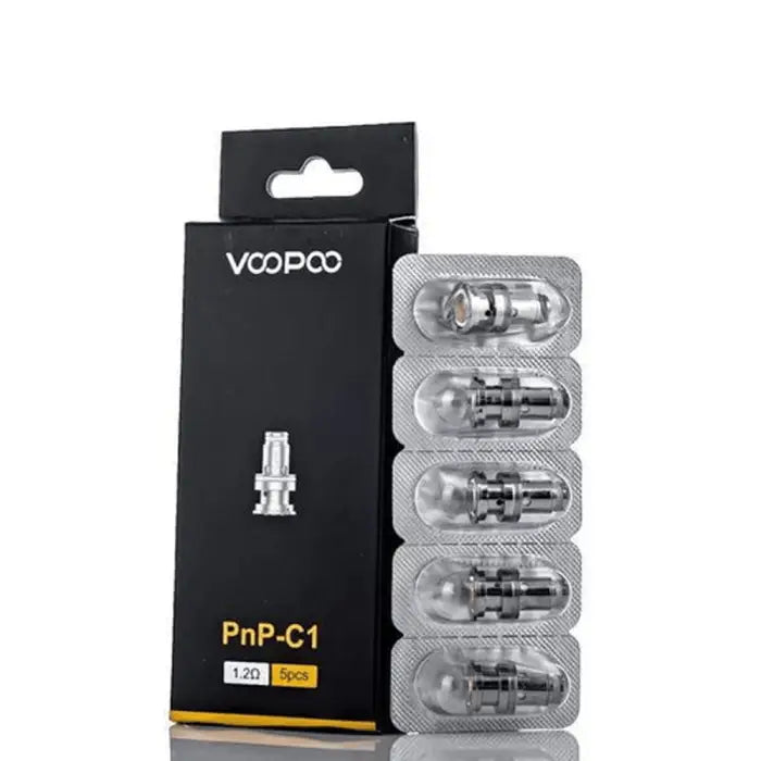 Replacement coils or atomizer heads for a VOOPOO vaping device, packaged in a black box with a strip of individual coils visible.