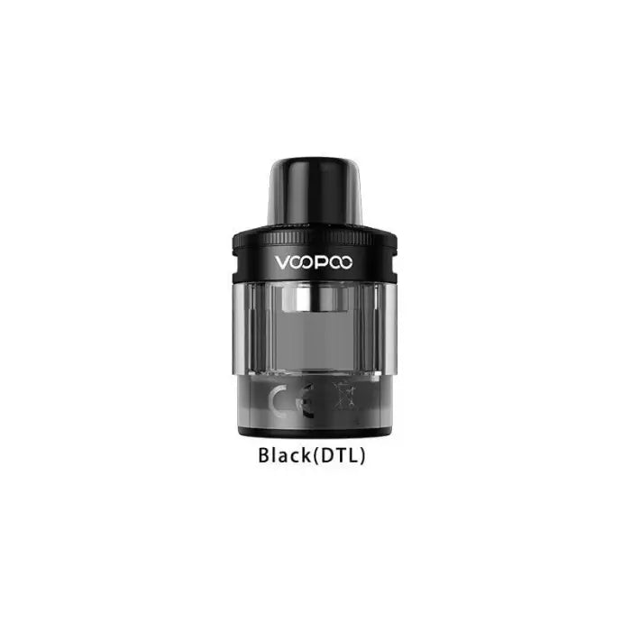 Black vaping tank or atomizer labeled ’VooPoo Black(DTL)’.