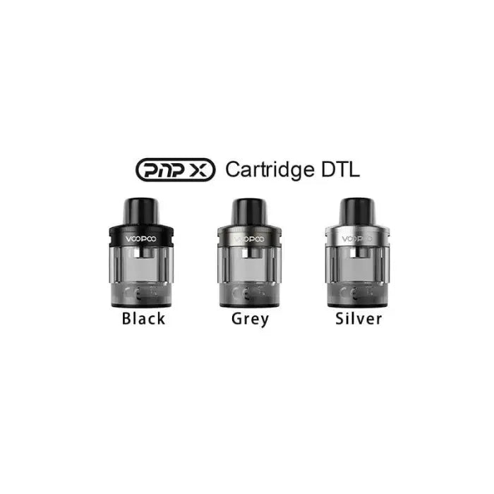 Vaping cartridges or tanks in three color options: black, grey, and silver.