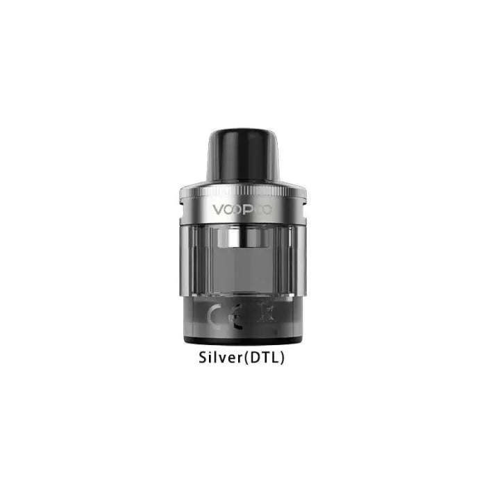 Silver-colored vaping tank or atomizer labeled ’Silver(DTL)’ with a black drip tip.