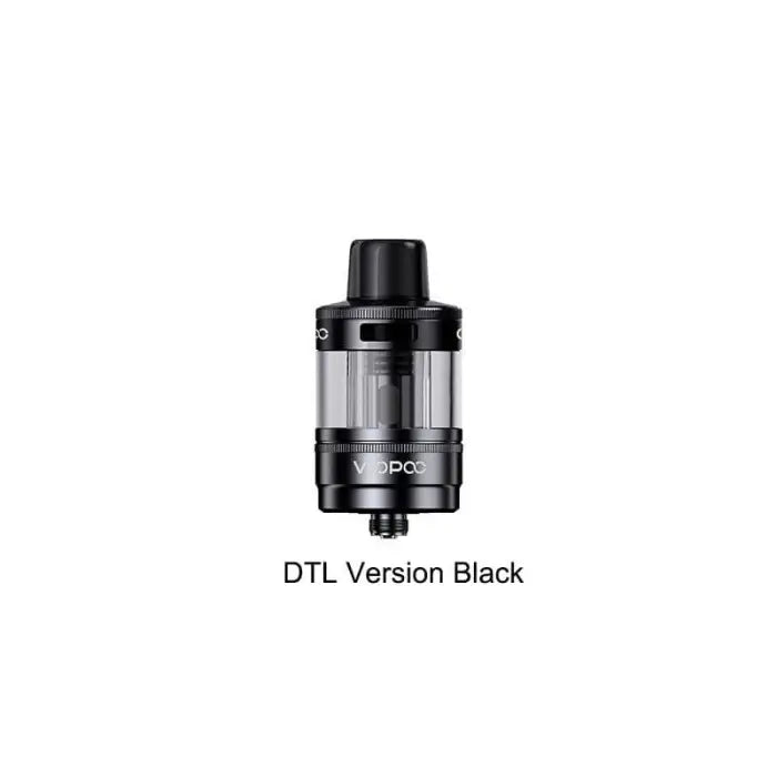 Black vaping tank atomizer labeled ’DTL Version Black’.