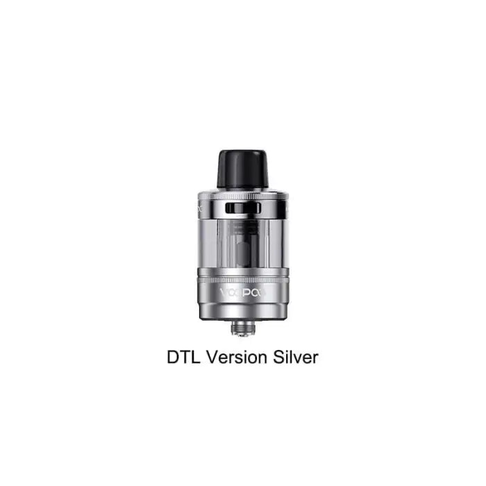 Silver cylindrical vaping tank or atomizer labeled ’DTL Version Silver’.