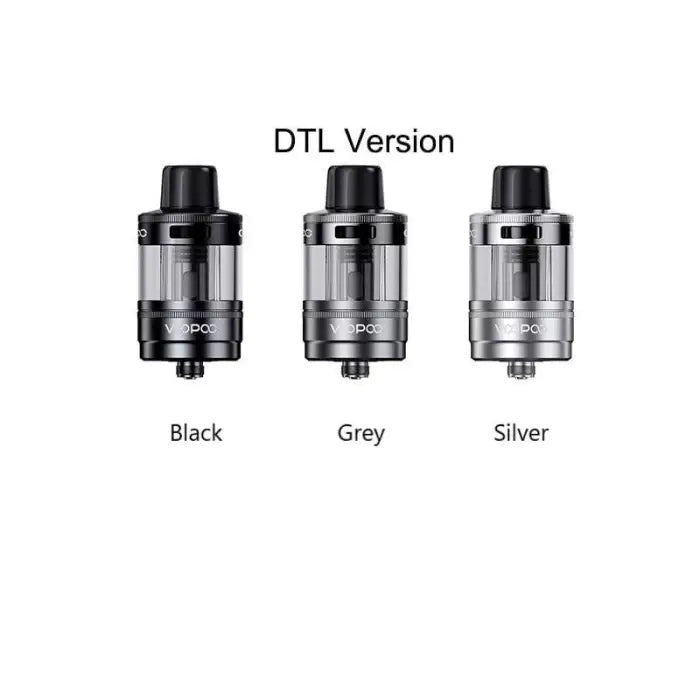 Vaping tank atomizers shown in three color options: black, grey, and silver.