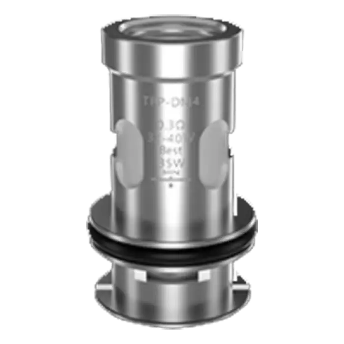 Metallic cylindrical coil or atomizer component with visible threading and O-rings.