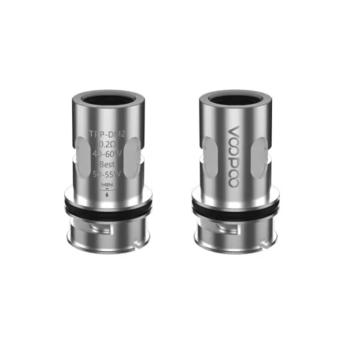 Two cylindrical metal vape coils with engraved text and black O-rings.