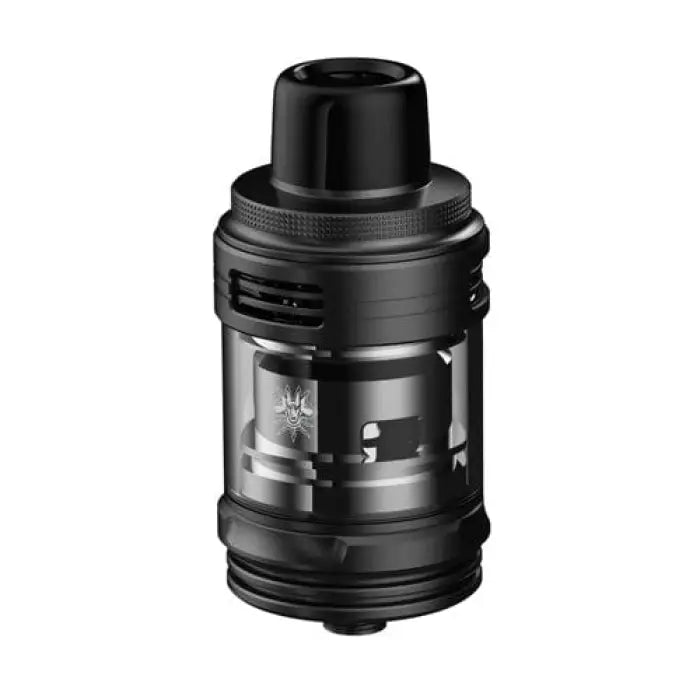 Black vaping tank or atomizer with visible glass section and adjustable airflow.