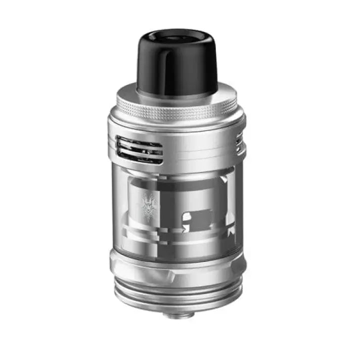 Silver and black vaping atomizer or tank with visible airflow slots and a dark drip tip.