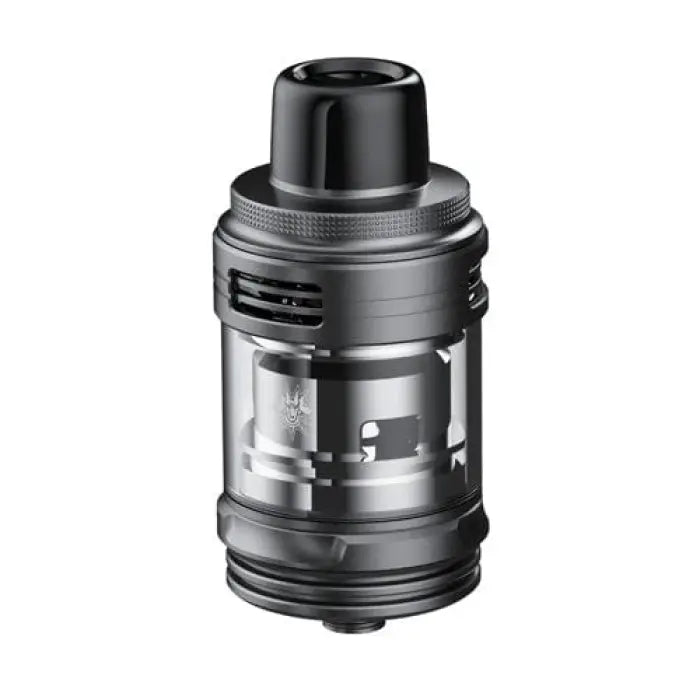 Vaping atomizer or tank with a visible glass section and metal components.