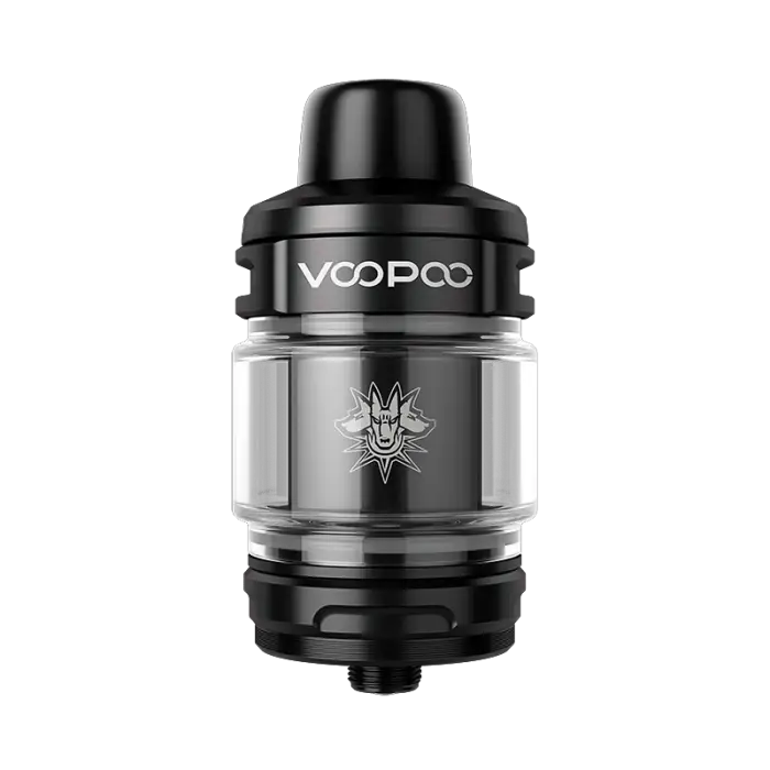 Vaping tank or atomizer with a glass section and ’VOOPOO’ branding.