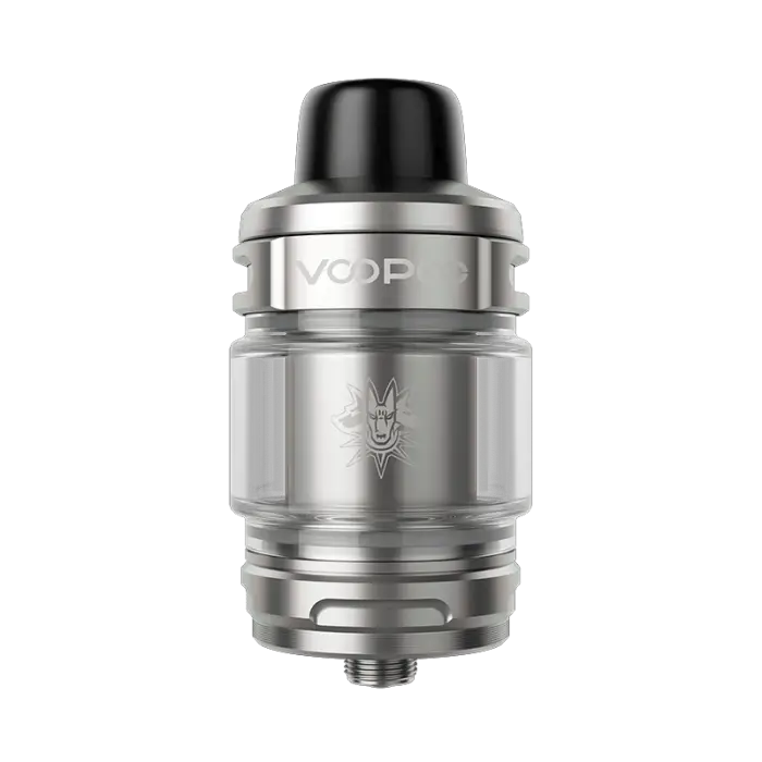 Metallic vaping tank or atomizer with ’VOOP’ branding.