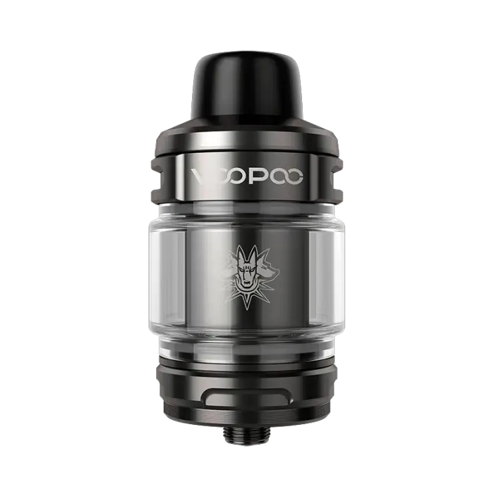 Metallic vaping tank or atomizer with ’VOOPOO’ branding and a wolf logo.