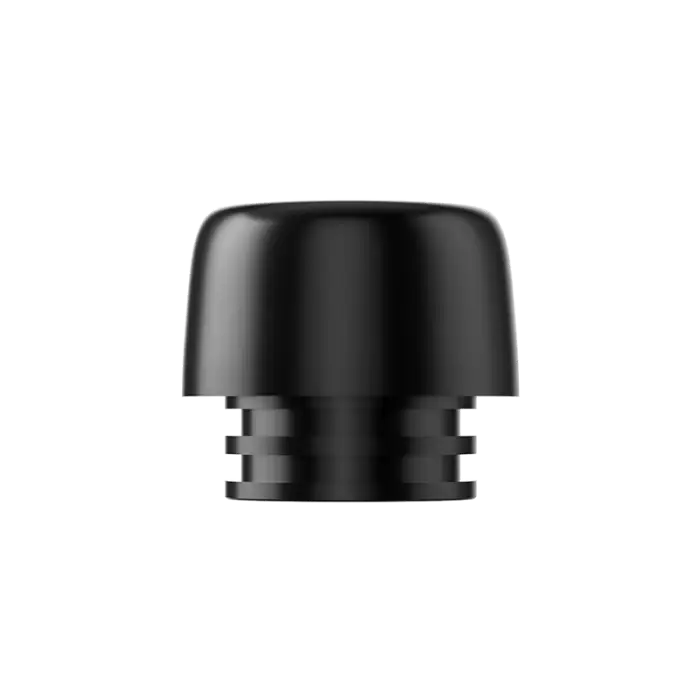 Black cylindrical object with ridged base and smooth domed top.