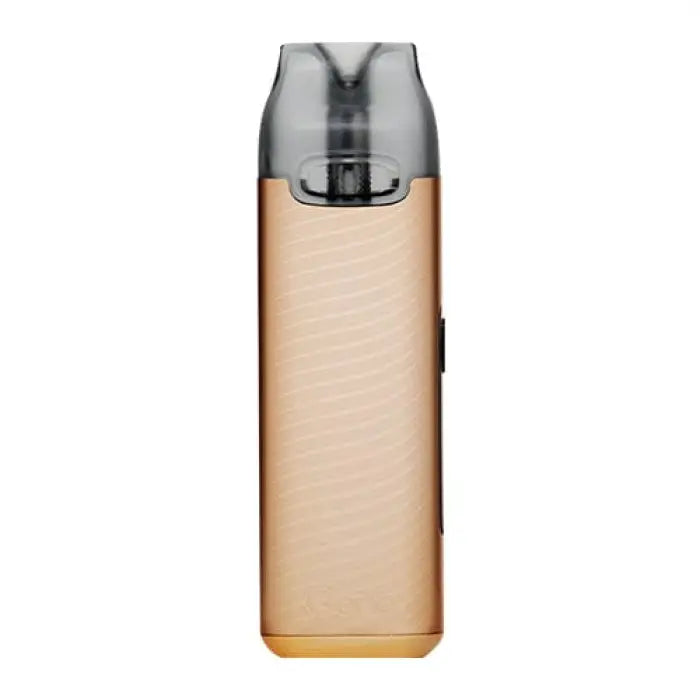 Sleek electronic cigarette or vape device with a metallic top and gold-colored body.