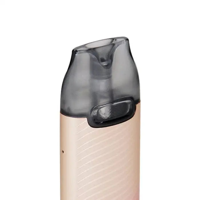 Electronic vaping device with a beige body and translucent gray mouthpiece.