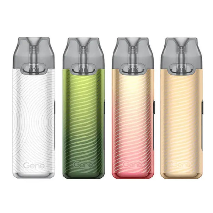 Four colorful vape pens or e-cigarette devices with transparent bodies in different gradient hues.