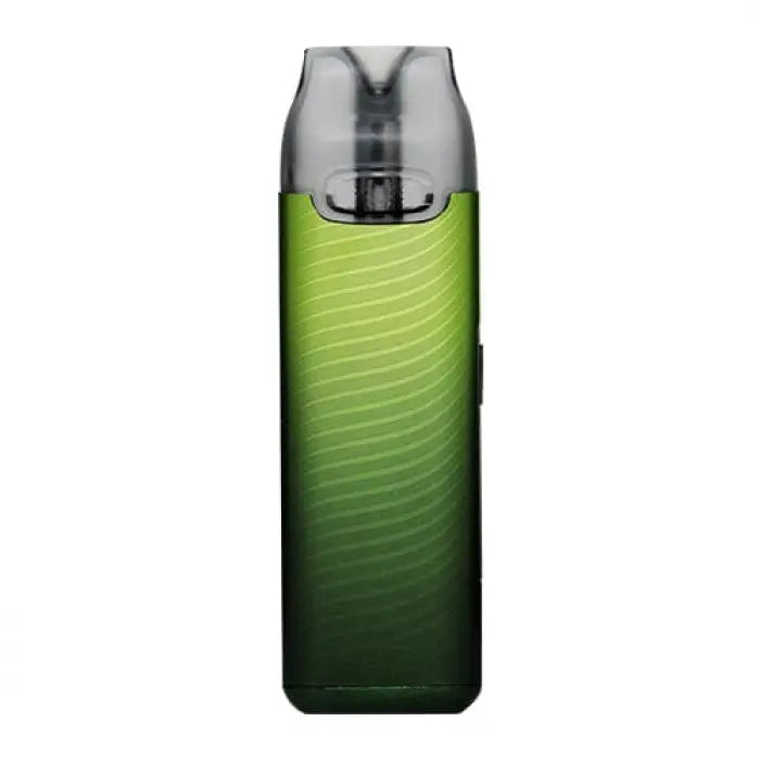 Green electronic vaping device with a metallic mouthpiece.