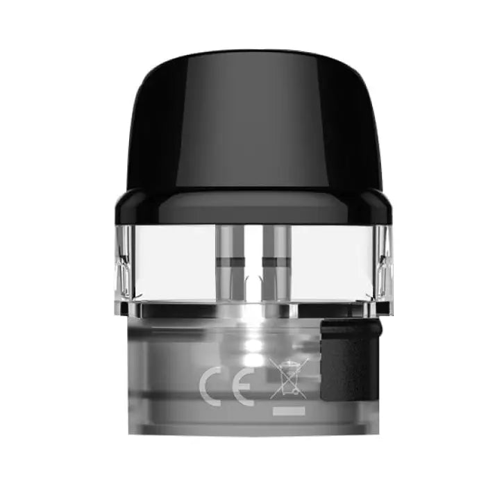 Vape pod or e-cigarette cartridge with a clear tank and black mouthpiece.