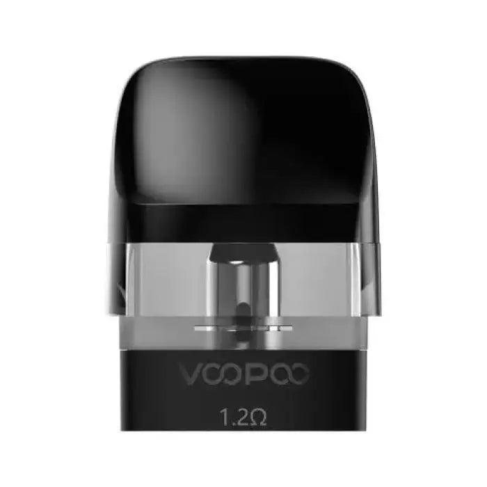 Vape pod or e-cigarette cartridge with a transparent section and ’voopoo’ branding.