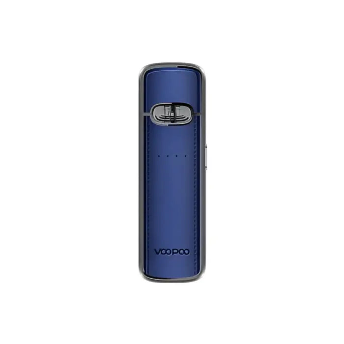 Blue cylindrical electronic vaping device with a small window or display.