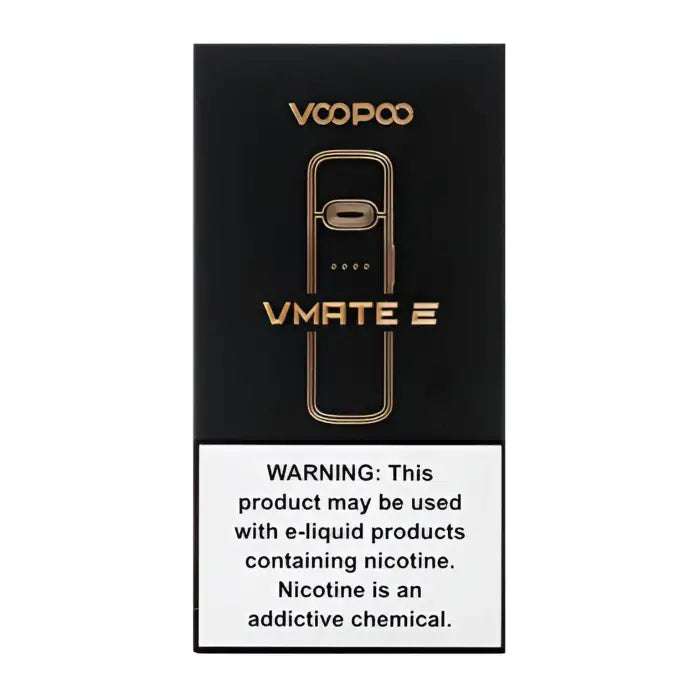 Voopoo Vmate E electronic cigarette device packaging with warning label.