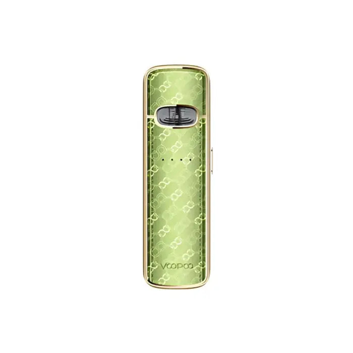 Light green cylindrical vape device with a metallic finish and subtle pattern.