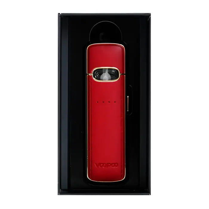 Red cylindrical electronic device with a small display window, likely a vaporizer or e-cigarette.