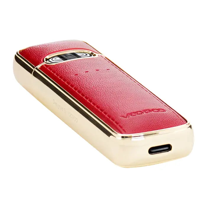 Red and gold luxury mobile phone with a leather-textured back panel.