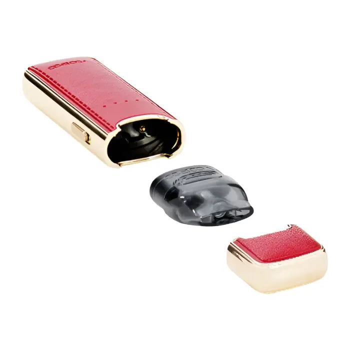 Red leather-covered cigarette lighter with a gold-tone metal body and removable cap.