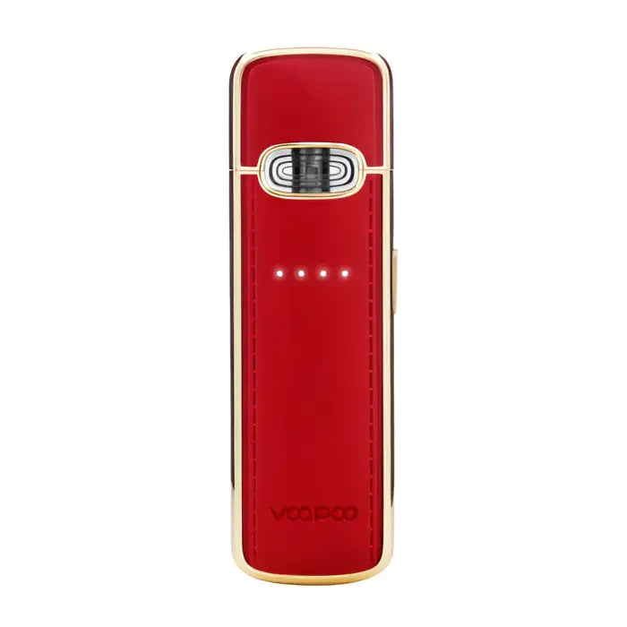 Red portable electronic device with a gold-colored trim and small indicator lights.