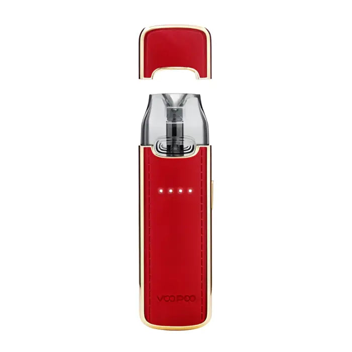 Red and silver electronic vaping device with a transparent mouthpiece and LED indicators.