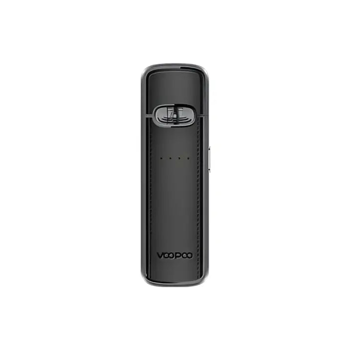 Sleek black electronic vaping device with a small window or display.